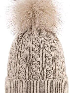 Womens Winter Warm Fleece Lined Knitted Soft Ski Cuff Beanie Hat with Pom Pom